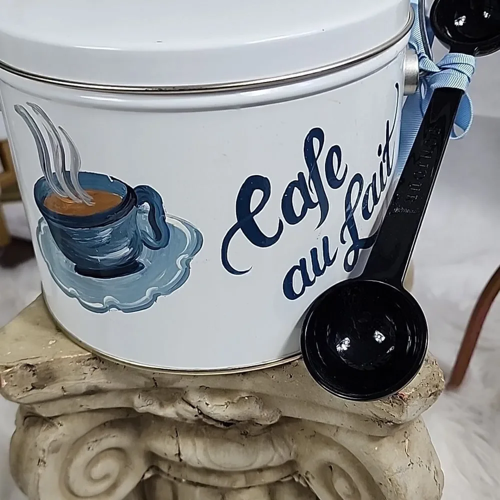 Cafe au Lait Handpainted Canister with Coffee Spoon